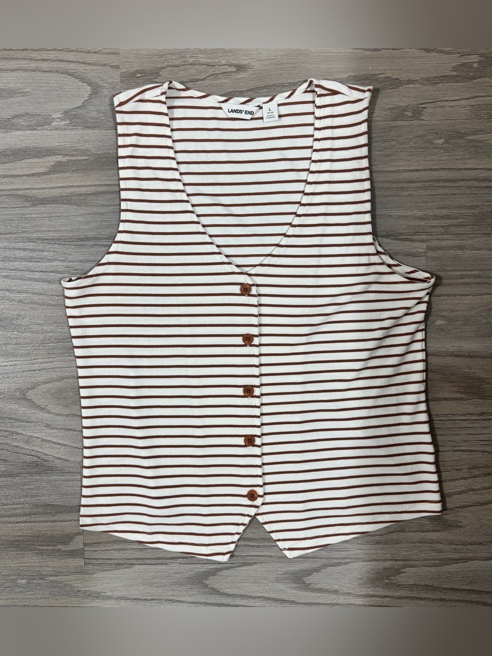 Lands’ End Women’s L 14-16 Brown Cream Striped Button Front Sweater Vest